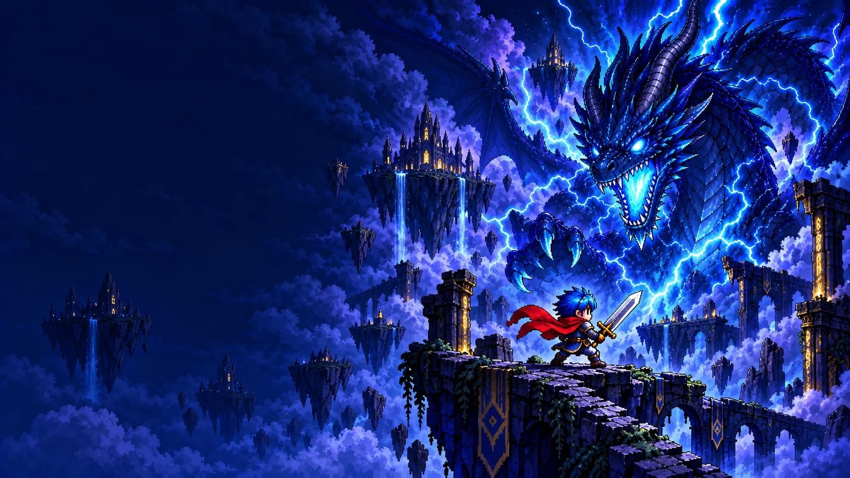 A tiny blue-haired slayer faces a colossal lightning dragon above floating ruins